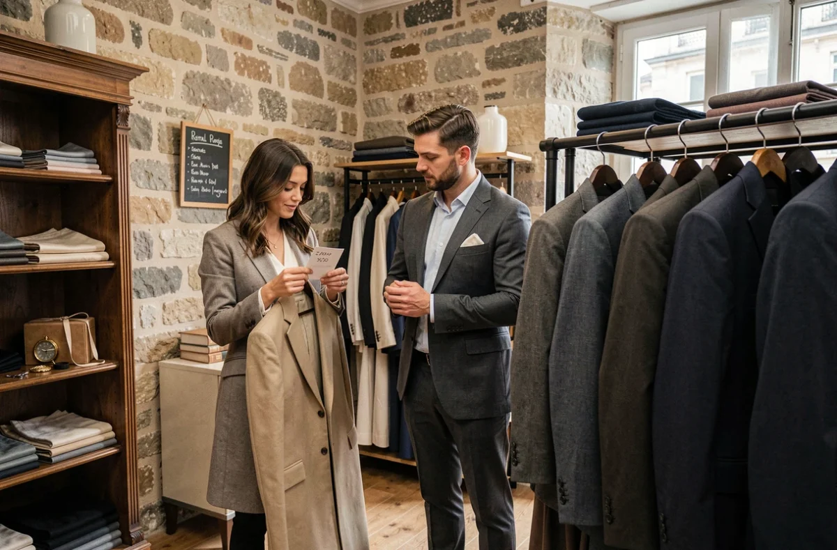 Couple comparant des tenues de mariage en location dans un atelier parisien avec affichage des prix