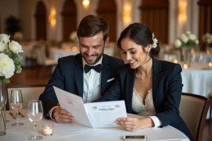 Couple souriant examinant un budget mariage élégant