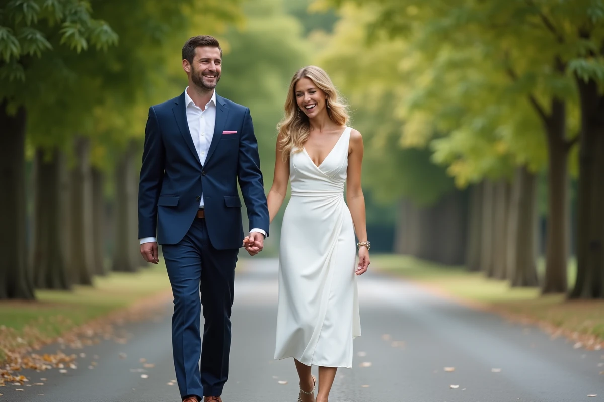 Couple souriant après un mariage civil, mariée en robe blanche ASOS élégante et abordable dans une avenue parisienne