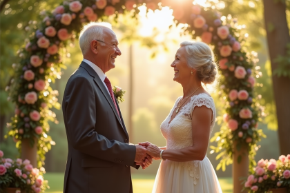 Couple âgé heureux échangeant leurs vœux en extérieur