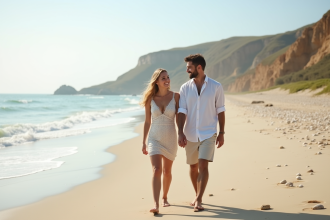 Jeune couple marié marche sur la plage ensoleillée