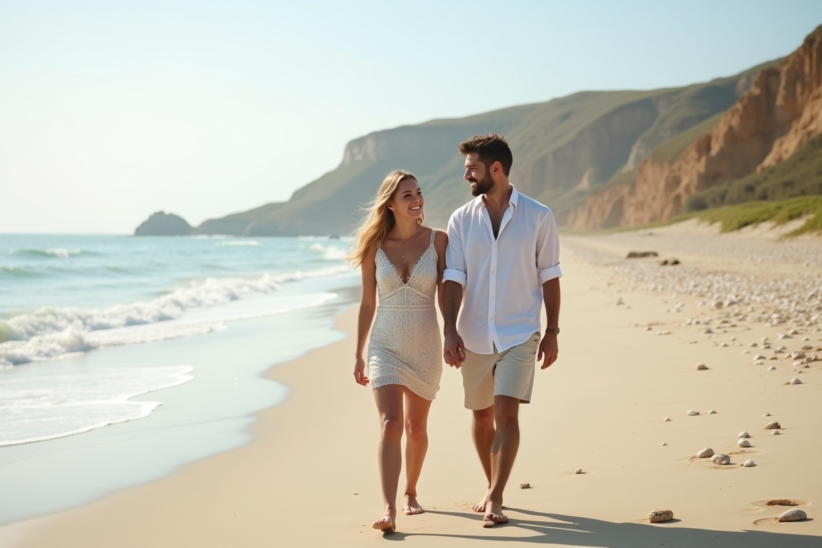 Jeune couple marié marche sur la plage ensoleillée