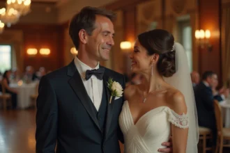 Homme en costume et femme en robe élégante lors d'un mariage