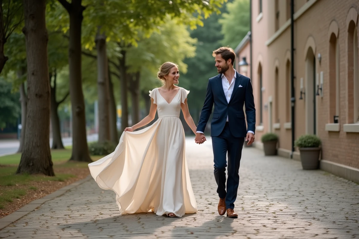 Couple de mariés souriants après un mariage civil, mariée en robe longue fluide marchant sur une allée pavée