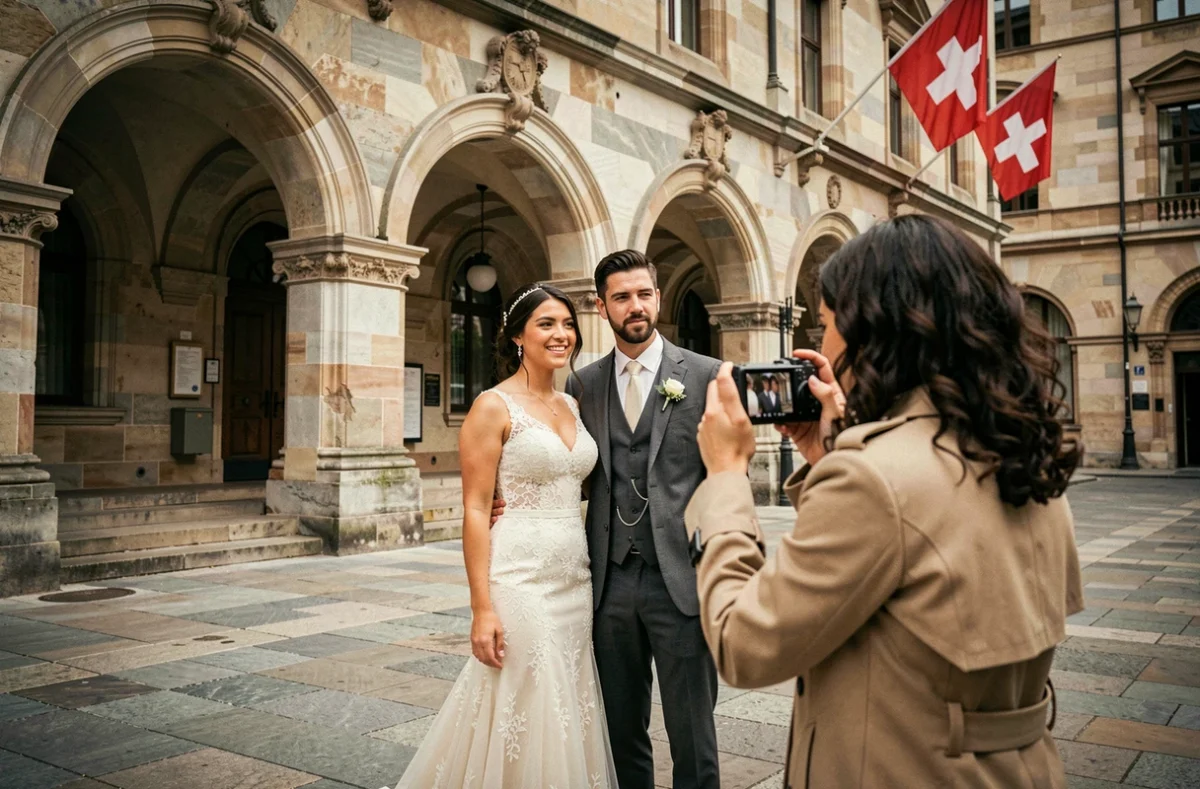 Couple de mariés devant l'hôtel de ville de la vieille ville de Genève avec leur photographe de mariage
