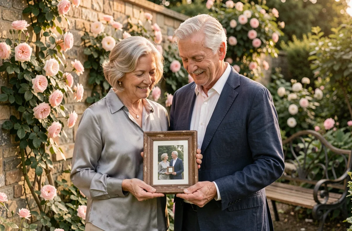 Couple mature célébrant leurs noces d'or dans un jardin français, tenant un cadre photo symbolisant des décennies de mariage