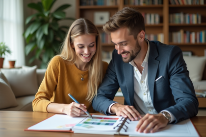 Jeune couple planifiant leur mariage dans un salon lumineux