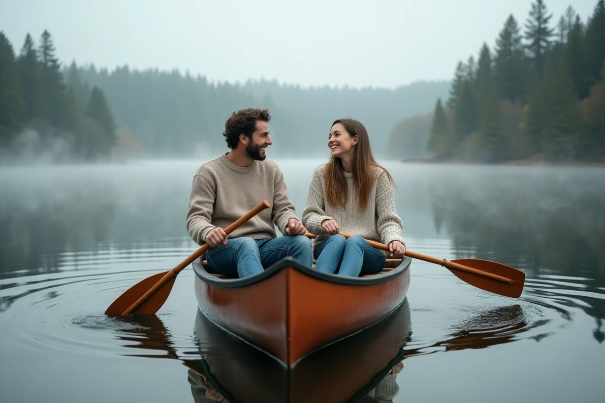 Jeune couple randonne en canoë sur un lac paisible