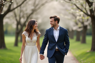 Couple souriant dans un parc au printemps