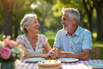 Couple mature riant lors d'un pique-nique en plein air avec fleurs