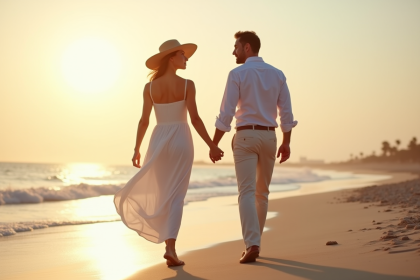 Couple élégant marchant sur la plage au coucher de soleil