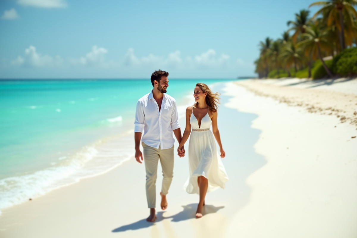 Jeune couple sur plage de sable blanc turquoise