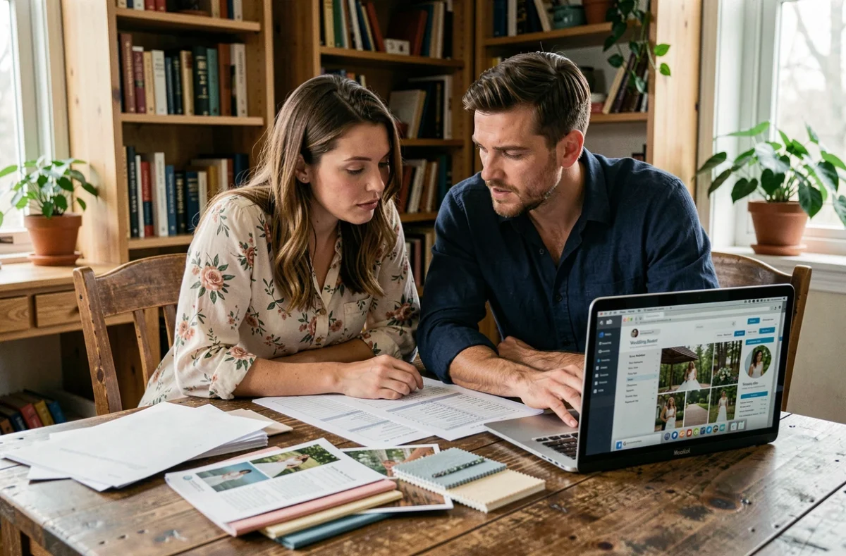 Couple planifiant leur budget mariage ensemble autour d'une table avec des documents, échantillons de tissu et un ordinateur portable ouvert sur un site de planification