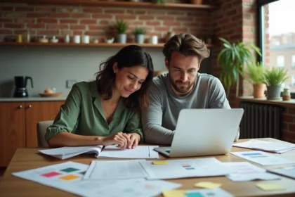 Couple planifiant leur mariage autour d'une table avec carnets, brochures et ordinateur portable ouvert sur un tableau de bord de planification