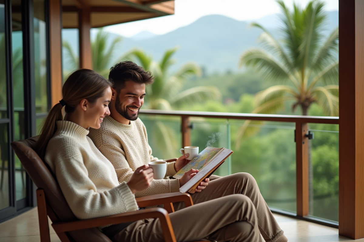 Jeune couple planifiant leur voyage sur un balcon tropical