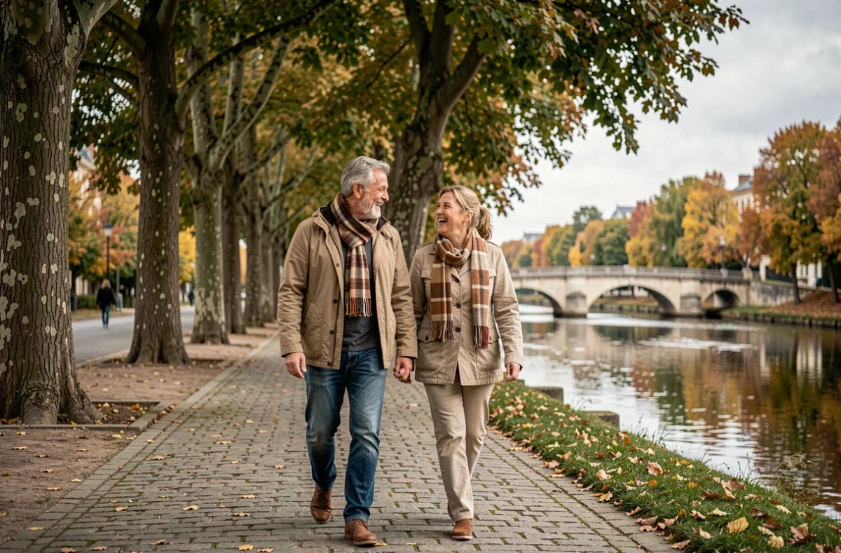 Couple se promenant en automne au bord d'une rivière française, évoquant la vie partagée et la discrétion autour du conjoint de Stéphane Marie