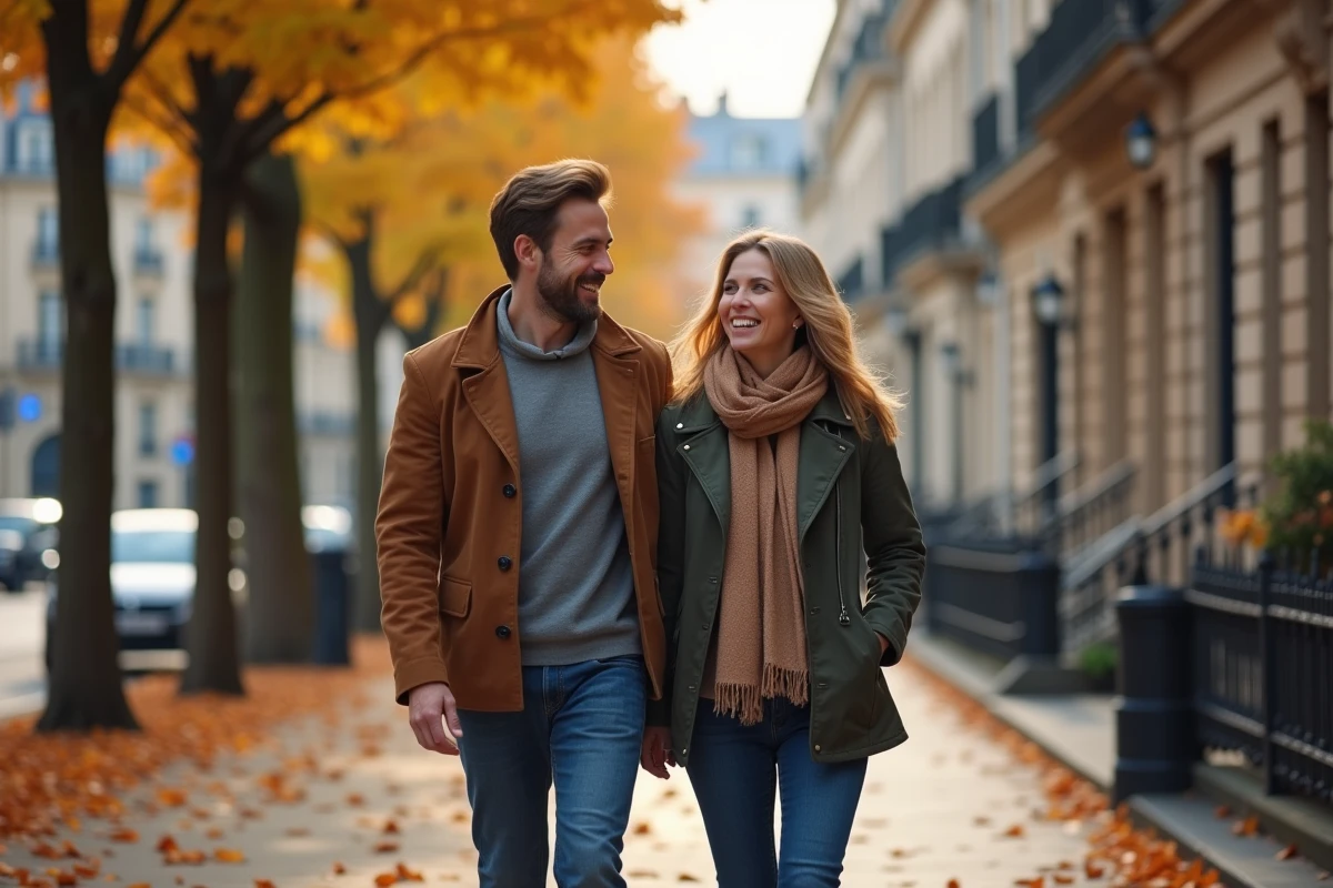 Couple marchant ensemble sur un boulevard parisien en automne, partageant un moment de complicité discrète