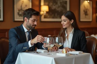 Jeune couple élégant au restaurant avec carte de crédit