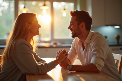 Couple souriant dans une cuisine lumineuse en matinée