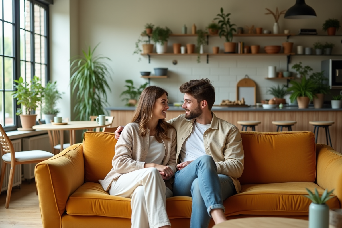 Jeune couple assis sur un canapé en velours miel en discussion