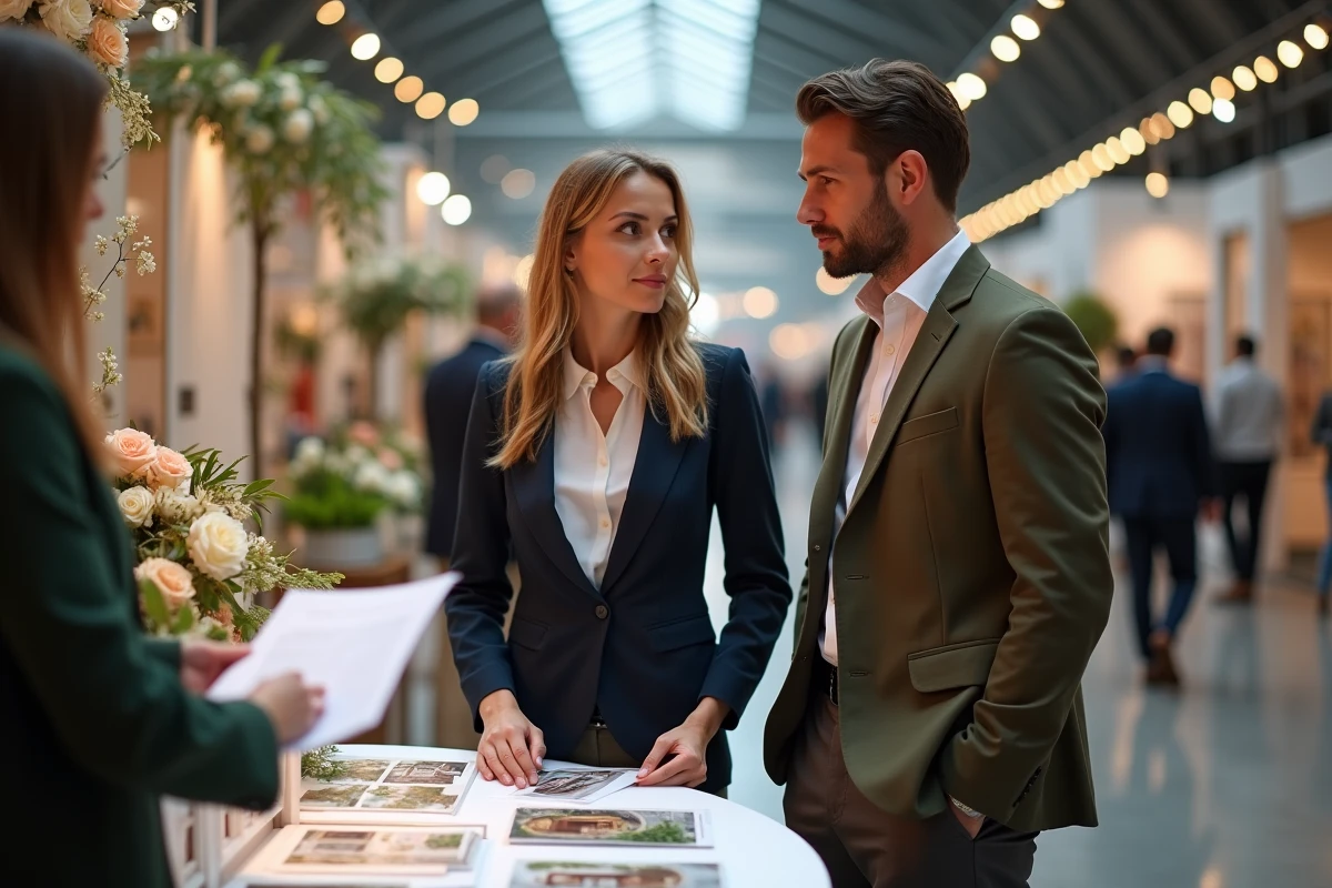 Couple en train de consulter des prestataires lors d'un salon du mariage, examinant des échantillons floraux et des brochures de lieux de réception