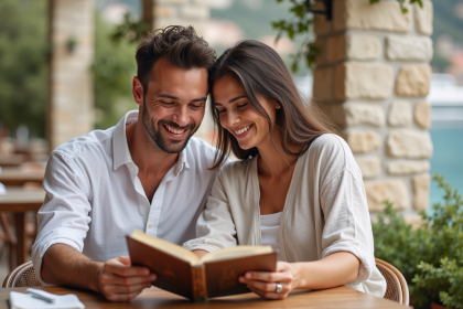 Jeune couple lisant un guide de voyage sur une terrasse méditerranéenne