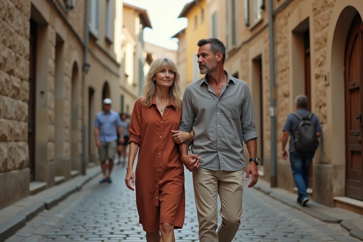 Couple se promenant dans une rue pavée d'une ville de province française, évoquant le droit à l'intimité des personnalités publiques et de leur conjoint