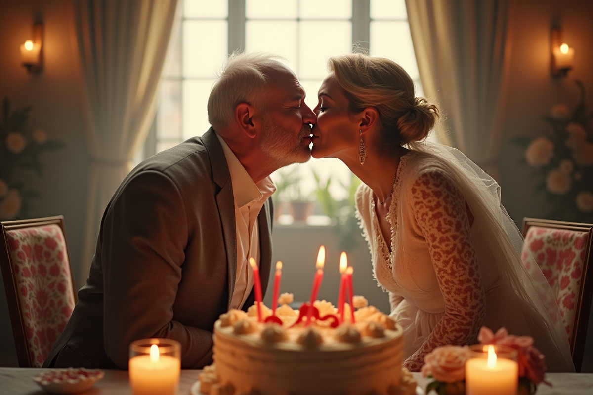 Couple âgé partageant un baiser devant un gâteau décoré à l
