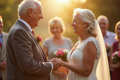 Couple âgé échangeant leurs vœux en extérieur en après-midi