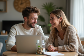 Jeune couple souriant discutant autour d'un ordinateur et d'un pot lune de miel