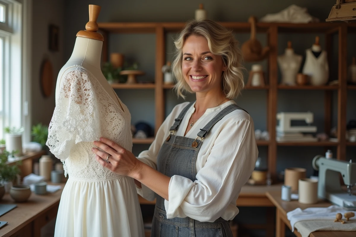 Modiste ajustant une robe de mariée bohème dans son atelier