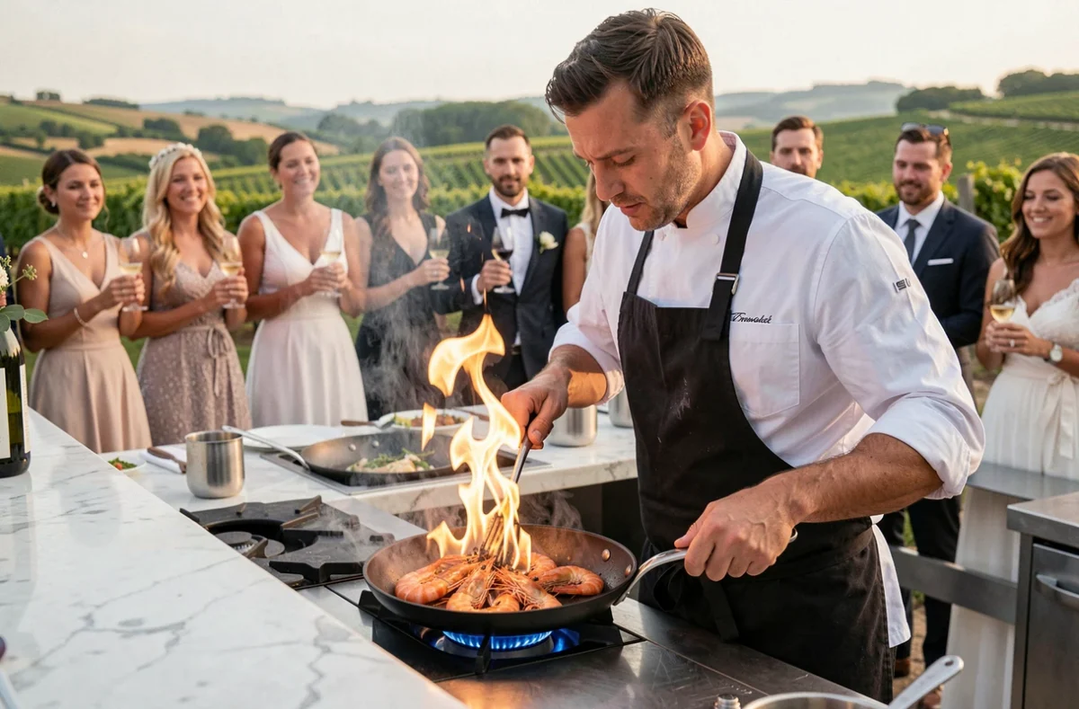 Chef à domicile David Chambaud flambant des gambas en direct lors d'une réception de mariage avec vue sur les vignes de Gironde