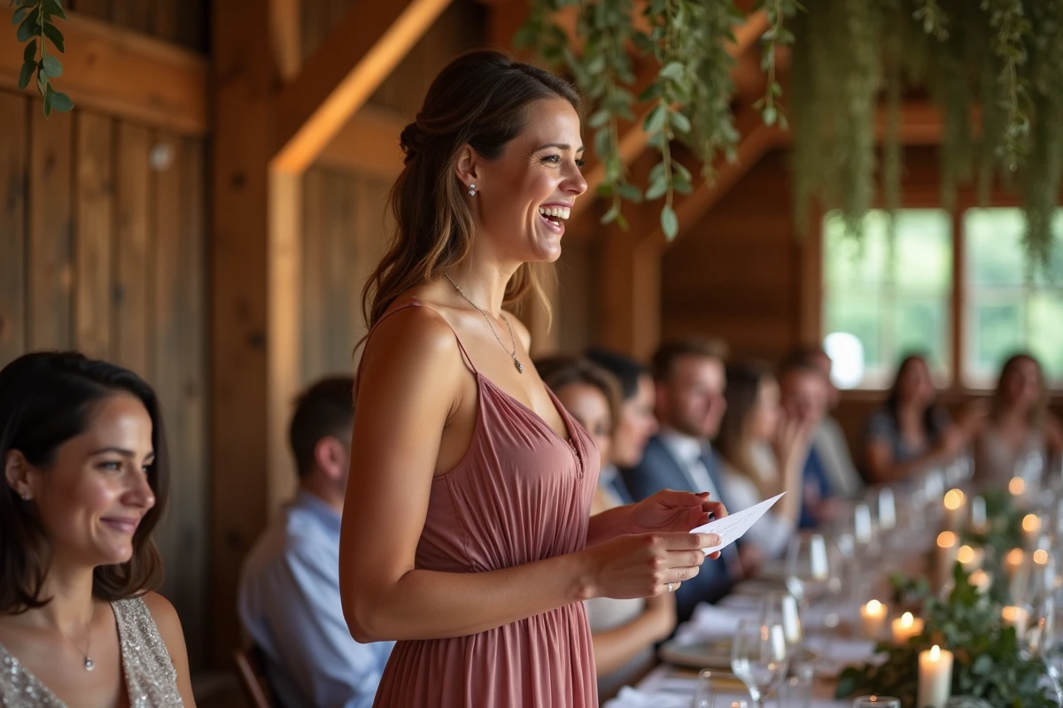 Demoiselle d'honneur qui rit en lisant un discours amusant lors d'un mariage en salle rustique