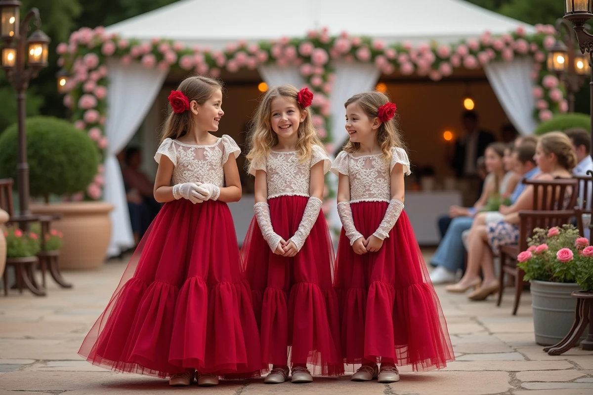 Trois demoiselles d'honneur assorties en robes de mariage gitanes rouges et ivoire sur une terrasse rustique décorée