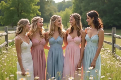 Groupe de jeunes mariées en robe pastel dans un champ de fleurs