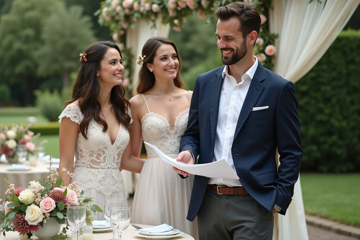 Jeune designer coordonne avec couple dans jardin mariage