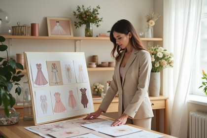 Designer mariée en pantalon beige examine un mood board mariage
