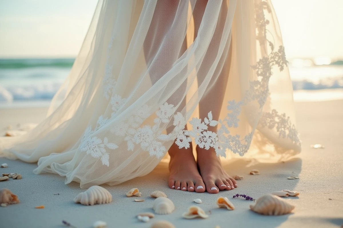Détail macro de l'ourlet en dentelle florale d'une robe de mariée bohème posé sur le sable blanc d'une plage avec coquillages