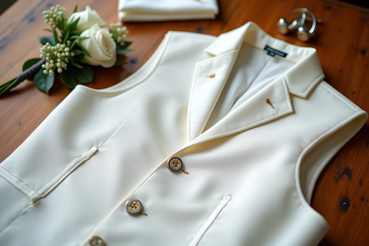 Détail d'un gilet blanc de mariage en jacquard avec boutonnière de roses blanches et boutons en nacre sur une table en bois