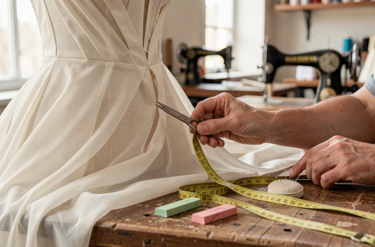 Gros plan sur des mains de couturière ajustant une robe de mariée en mousseline sur un mannequin avec des outils de retouche