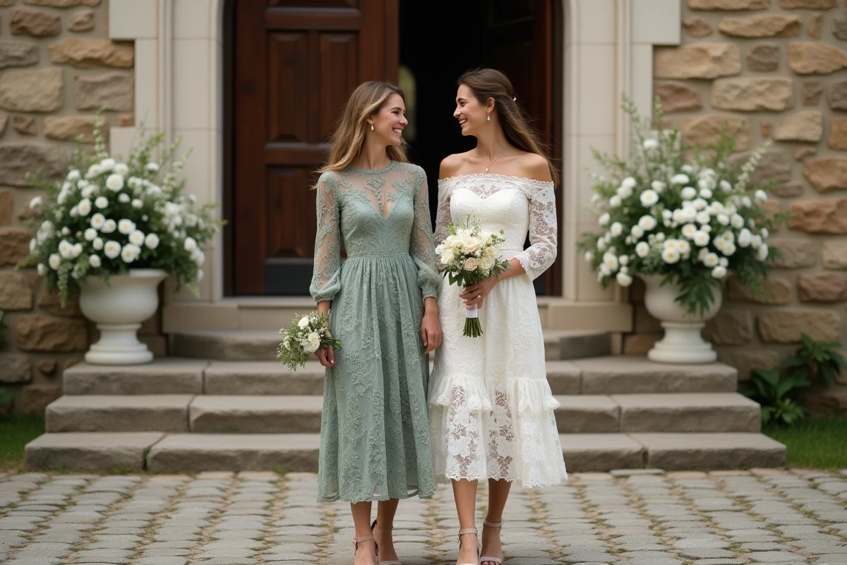 Deux femmes en robes dentelle midi et longue devant une chapelle en pierre, tenues d'invitées chics pour un mariage champêtre