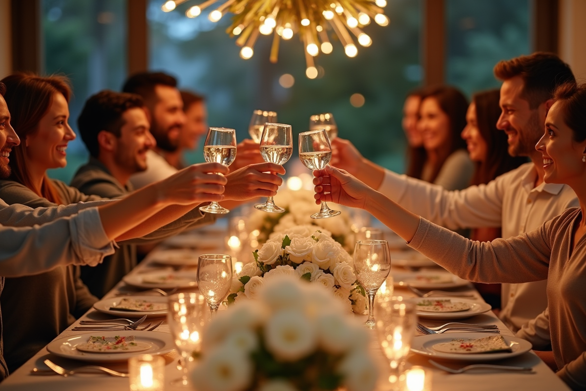 Repas festif avec famille et amis levant leurs verres pour un toast