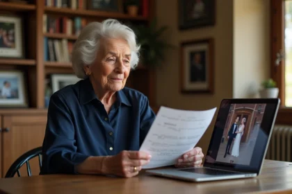 Mère des mariés qui lit son discours en vidéo lors d'un mariage à distance, assise devant un ordinateur portable dans un salon chaleureux
