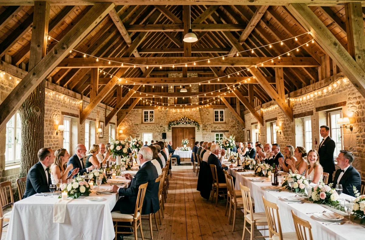 Domaine des Longrais en Ille-et-Vilaine, salle de réception de mariage dans une grange rénovée avec poutres apparentes et décoration florale