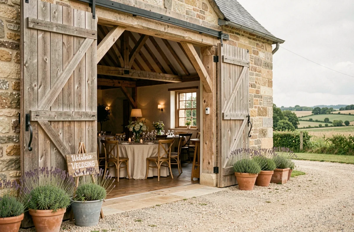 Domaine Le Mezo près de Vannes, lieu de réception avec grange en pierre rénovée et décoration de mariage champêtre