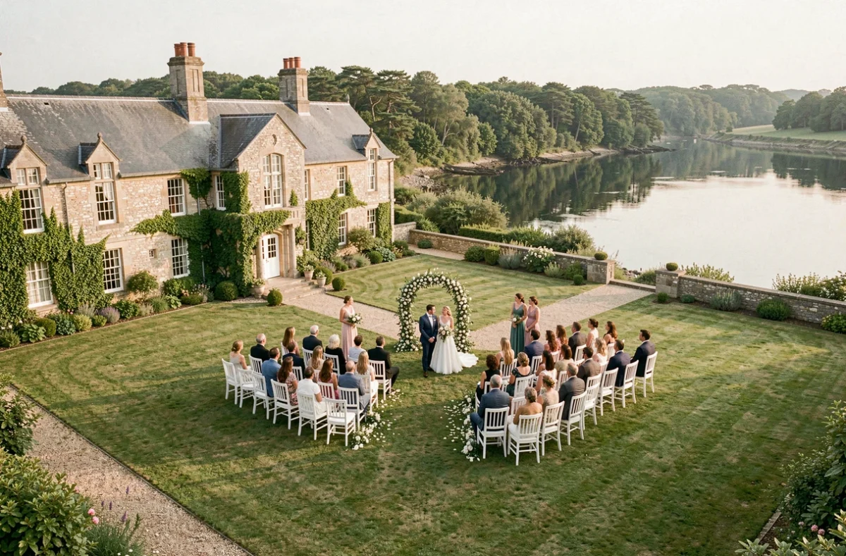 Domaine de Locguénolé dans le Morbihan, manoir de réception pour mariage avec cérémonie en plein air face à l'estuaire