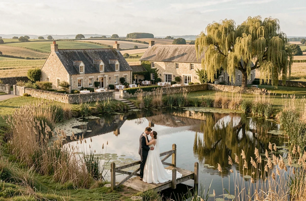 Domaine Plessis Kaer dans le Morbihan, lieu de mariage avec longère en pierre et étang entouré de nature