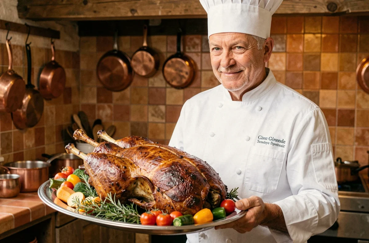 Chef de Dupuy Traiteur présentant un agneau rôti entier sur un plateau argenté dans une cuisine de ferme girondine