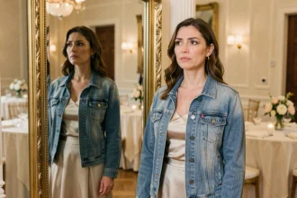 Femme hésitante en tenue mal assortie devant un miroir doré dans une salle de réception de mariage élégante