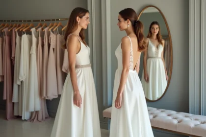 Jeune mariée hésitant entre une robe de mariée courte et une robe longue dans une boutique de mariage lors d'essayage